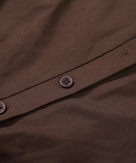 Sophisticated Brown Ruched Maxi Dress: Long Sleeve & Asymmetric Mesh Hem – Perfect for Fall & Holiday Celebrations