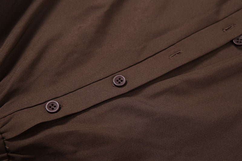 Sophisticated Brown Ruched Maxi Dress: Long Sleeve & Asymmetric Mesh Hem – Perfect for Fall & Holiday Celebrations