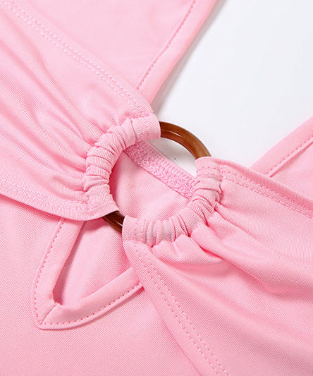 Sultry Pink O-Ring Halter Top | Deep V & Backless for Holiday Parties & NYE