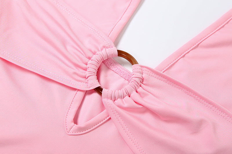Sultry Pink O-Ring Halter Top | Deep V & Backless for Holiday Parties & NYE