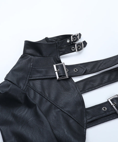 Edgy Goth Faux Leather Asymmetrical Buckle Shrug Top - Fall & Winter Statement Style
