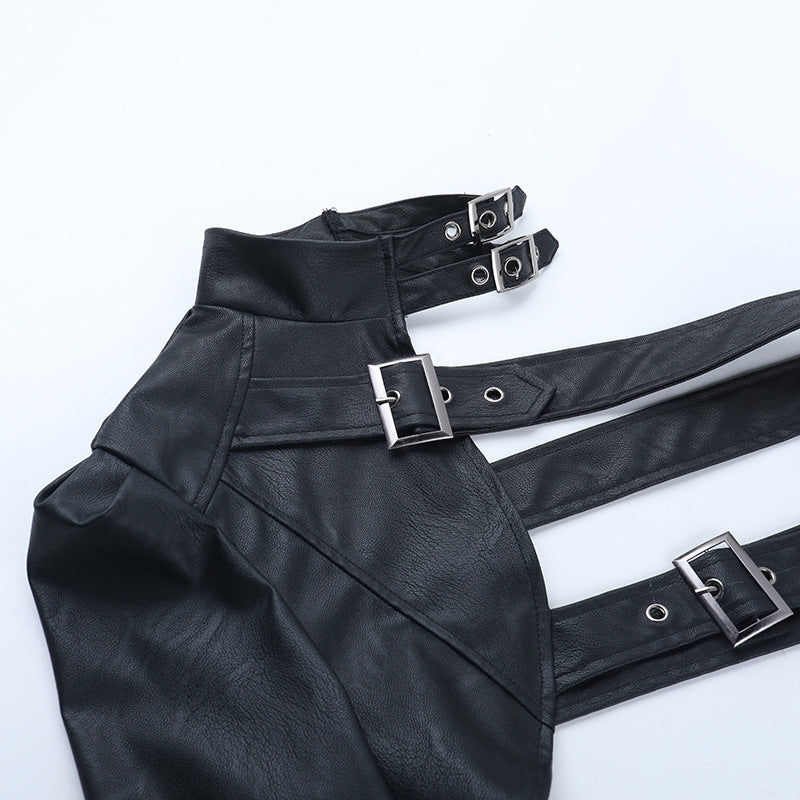 Edgy Goth Faux Leather Asymmetrical Buckle Shrug Top - Fall & Winter Statement Style