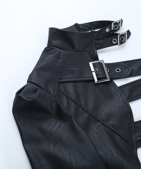 Edgy Goth Faux Leather Asymmetrical Buckle Shrug Top - Fall & Winter Statement Style