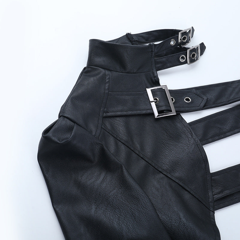 Edgy Goth Faux Leather Asymmetrical Buckle Shrug Top - Fall & Winter Statement Style