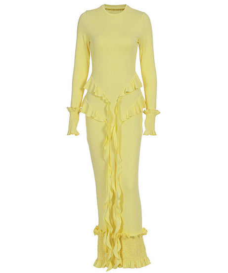 Radiant Yellow Ruffle Knit Maxi Dress – Elegant Fall & Holiday Smocked Style