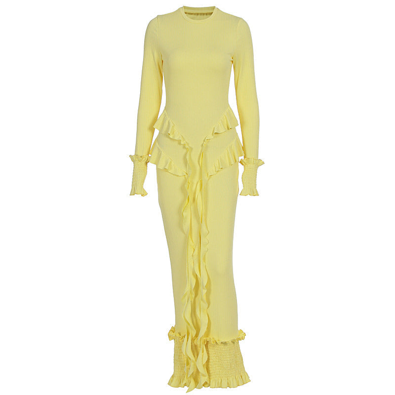 Radiant Yellow Ruffle Knit Maxi Dress – Elegant Fall & Holiday Smocked Style