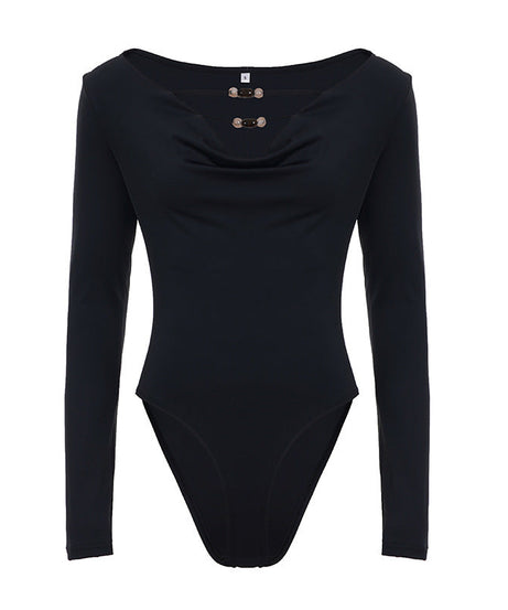 Effortless Elegance: Black Cowl Neck Long Sleeve Bodysuit – Chic Winter & Holiday Essential