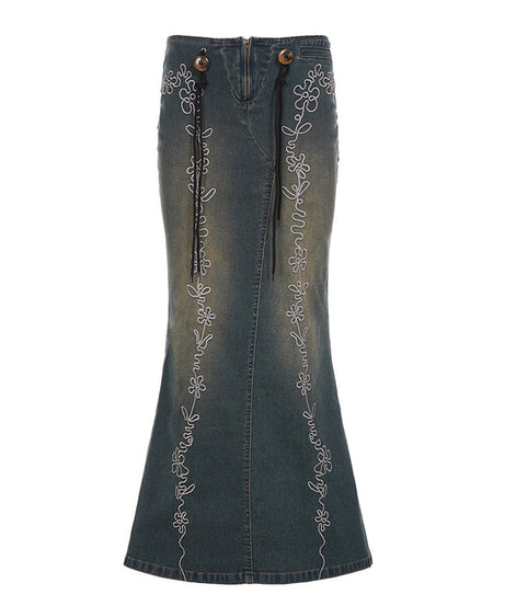 Boho Floral Embroidered Denim-Look Maxi Skirt - Chic High-Waist & Stretchy for Fall & Holiday Style