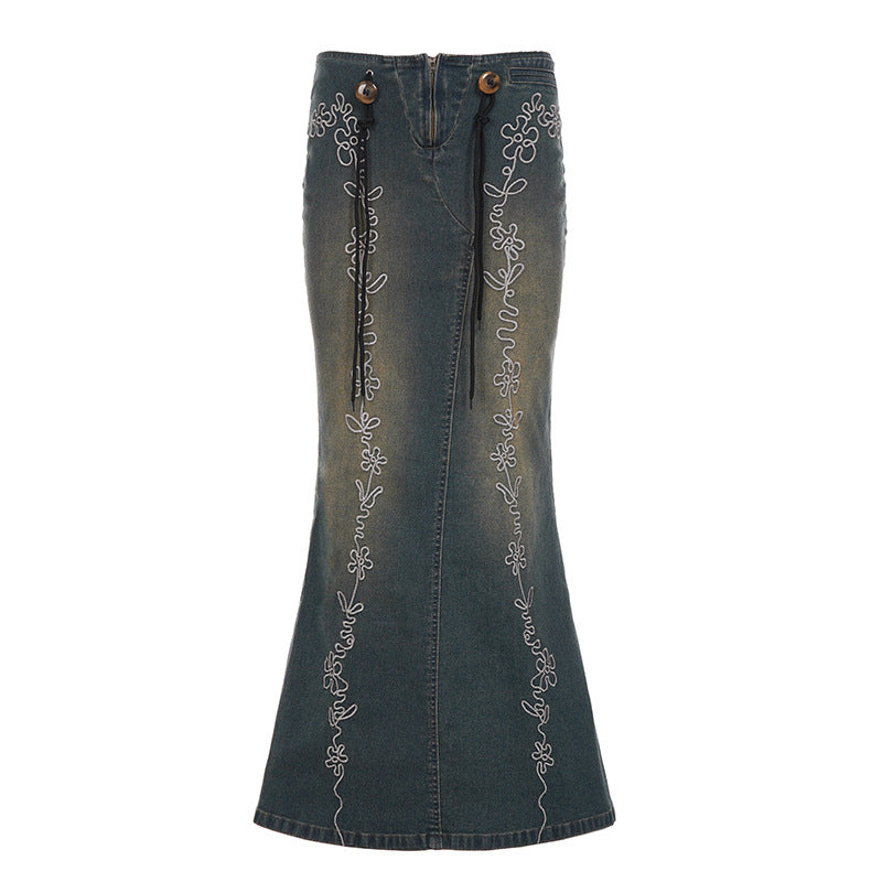 Boho Floral Embroidered Denim-Look Maxi Skirt - Chic High-Waist & Stretchy for Fall & Holiday Style
