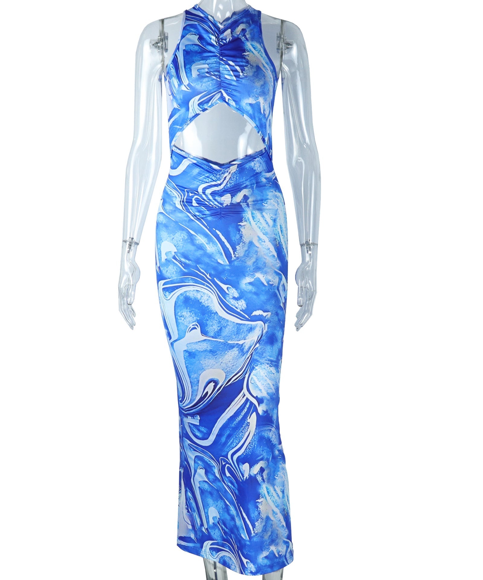 Trendy Blue Marble Print Cutout Maxi Dress | Ruched Bodycon for Winter Vacations & Holiday Parties