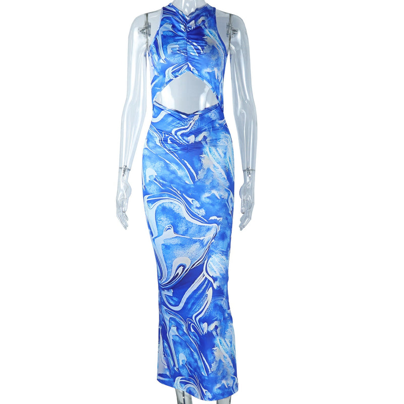 Trendy Blue Marble Print Cutout Maxi Dress | Ruched Bodycon for Winter Vacations & Holiday Parties