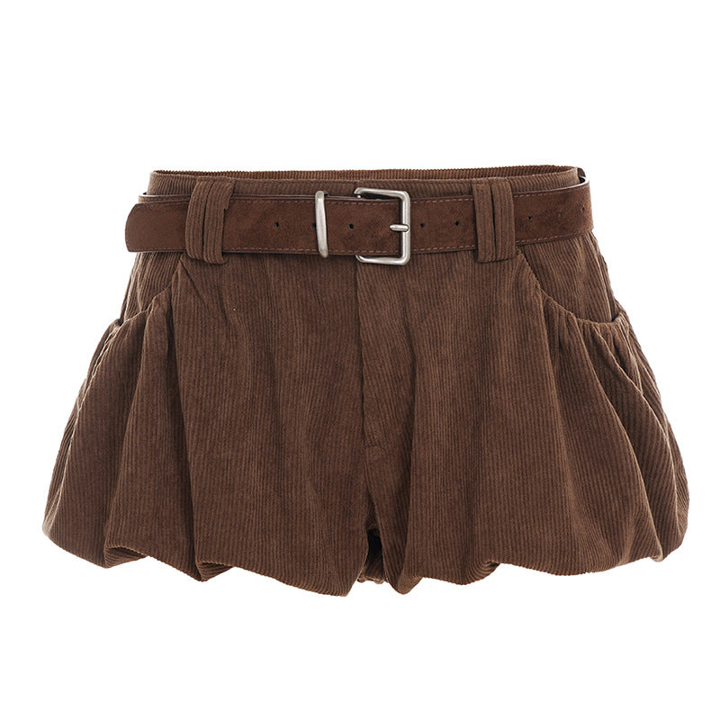 Cozy Chic Corduroy Bubble Shorts with Belt - High-Waisted Fall & Winter Essential