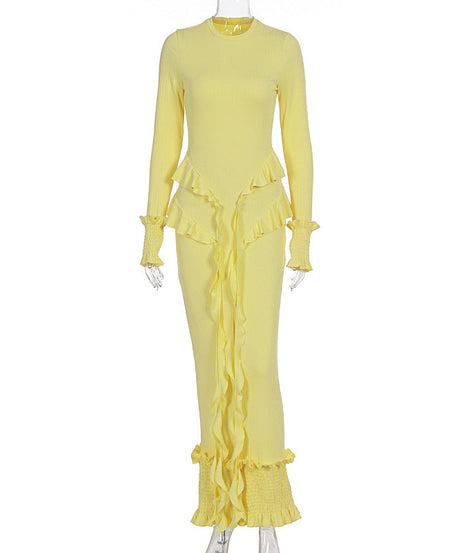 Radiant Yellow Ruffle Knit Maxi Dress – Elegant Fall & Holiday Smocked Style
