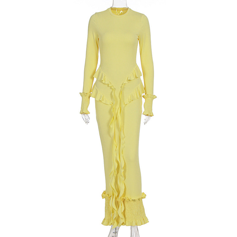 Radiant Yellow Ruffle Knit Maxi Dress – Elegant Fall & Holiday Smocked Style