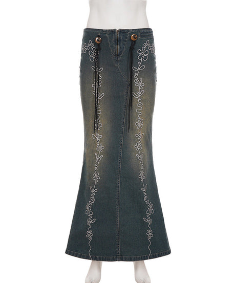 Boho Floral Embroidered Denim-Look Maxi Skirt - Chic High-Waist & Stretchy for Fall & Holiday Style