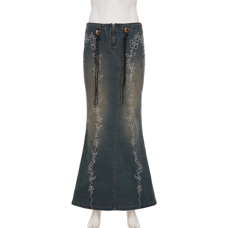 Boho Floral Embroidered Denim-Look Maxi Skirt - Chic High-Waist & Stretchy for Fall & Holiday Style