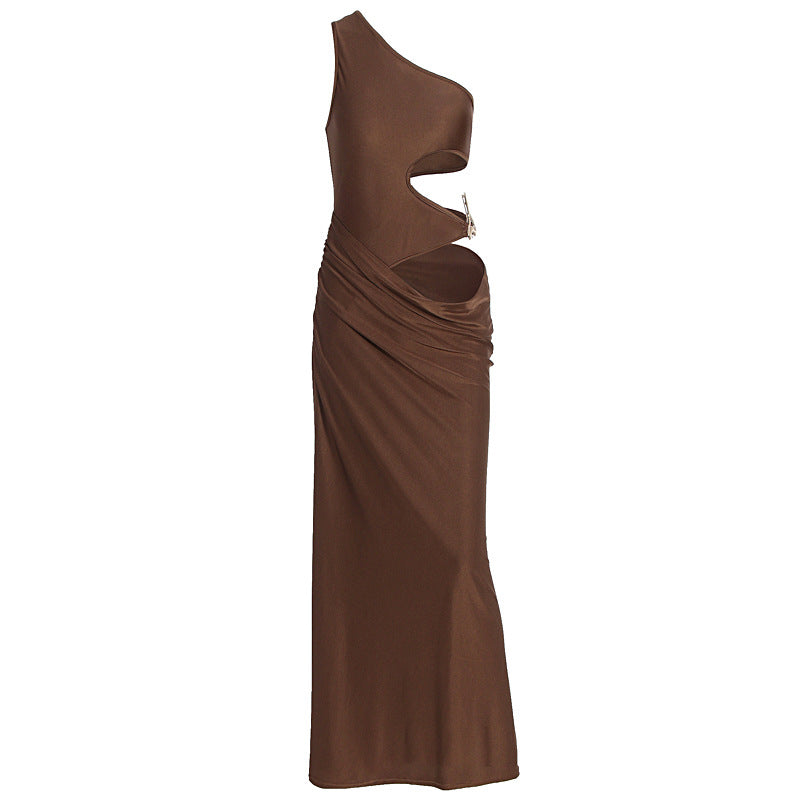 Glamorous Cocoa One-Shoulder Cutout Maxi Dress - Holiday Party & Date Night Essential