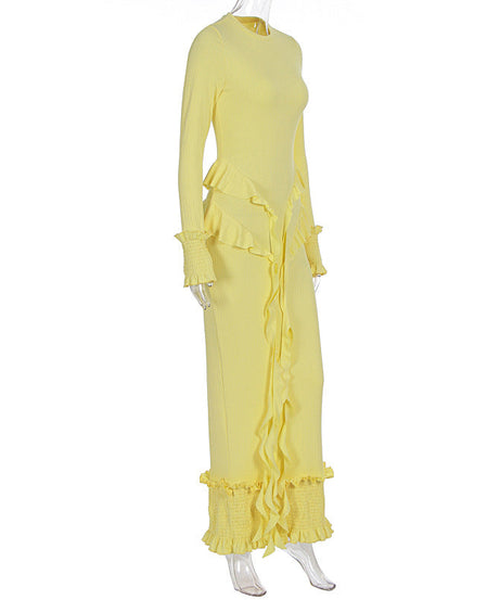 Radiant Yellow Ruffle Knit Maxi Dress – Elegant Fall & Holiday Smocked Style