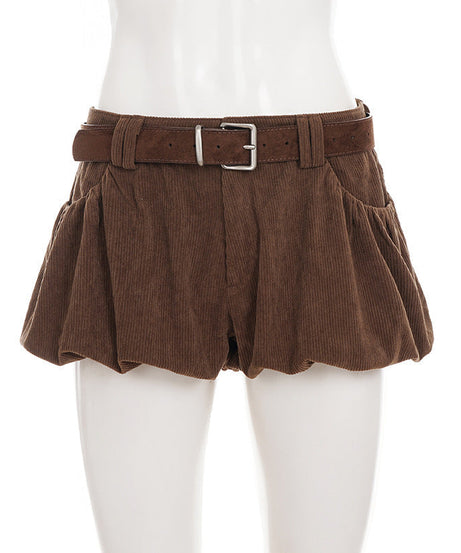 Cozy Chic Corduroy Bubble Shorts with Belt - High-Waisted Fall & Winter Essential