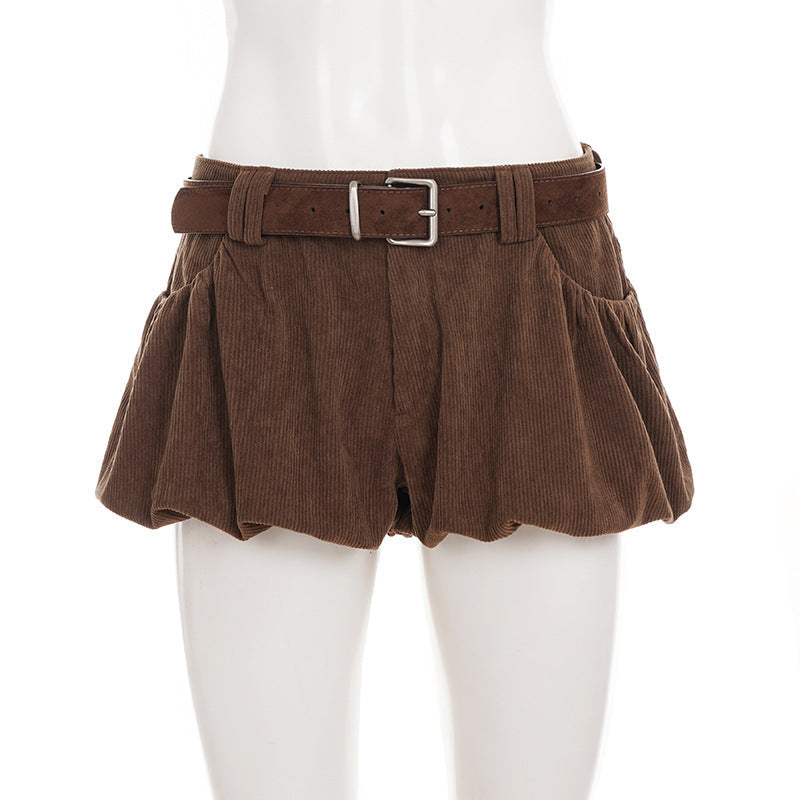 Cozy Chic Corduroy Bubble Shorts with Belt - High-Waisted Fall & Winter Essential