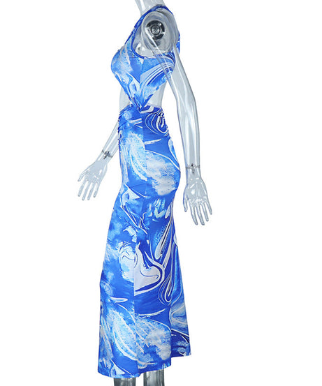 Trendy Blue Marble Print Cutout Maxi Dress | Ruched Bodycon for Winter Vacations & Holiday Parties