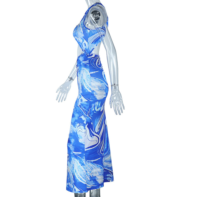 Trendy Blue Marble Print Cutout Maxi Dress | Ruched Bodycon for Winter Vacations & Holiday Parties