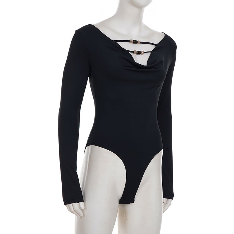 Effortless Elegance: Black Cowl Neck Long Sleeve Bodysuit – Chic Winter & Holiday Essential