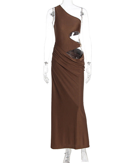 Glamorous Cocoa One-Shoulder Cutout Maxi Dress - Holiday Party & Date Night Essential
