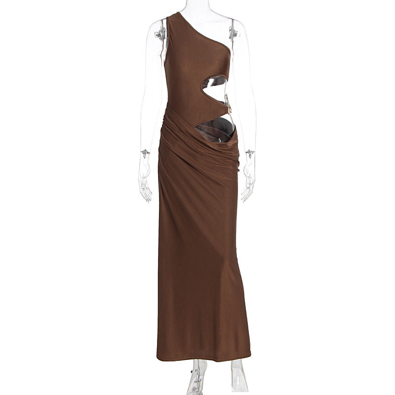 Glamorous Cocoa One-Shoulder Cutout Maxi Dress - Holiday Party & Date Night Essential