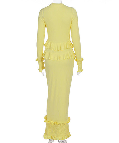 Radiant Yellow Ruffle Knit Maxi Dress – Elegant Fall & Holiday Smocked Style