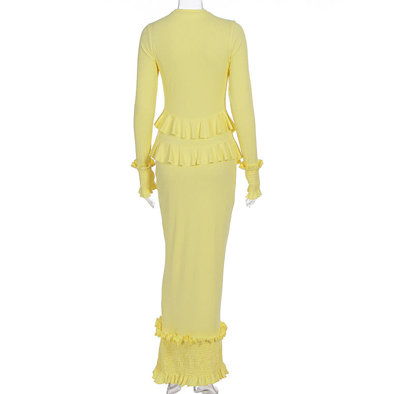 Radiant Yellow Ruffle Knit Maxi Dress – Elegant Fall & Holiday Smocked Style