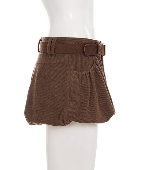 Cozy Chic Corduroy Bubble Shorts with Belt - High-Waisted Fall & Winter Essential
