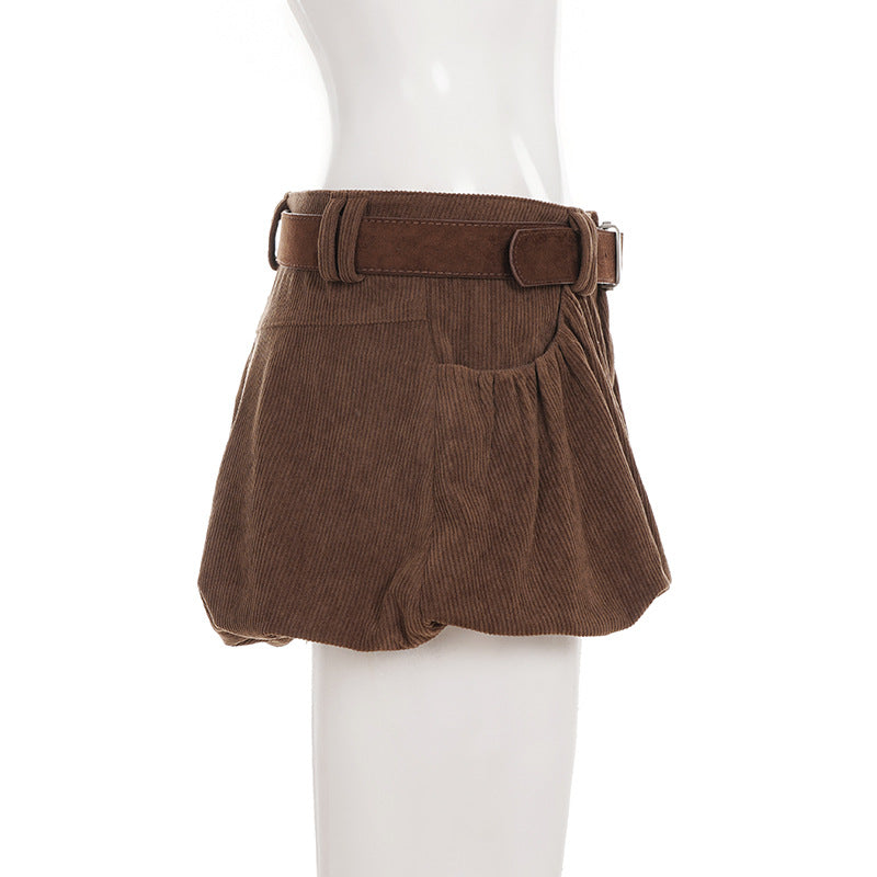 Cozy Chic Corduroy Bubble Shorts with Belt - High-Waisted Fall & Winter Essential