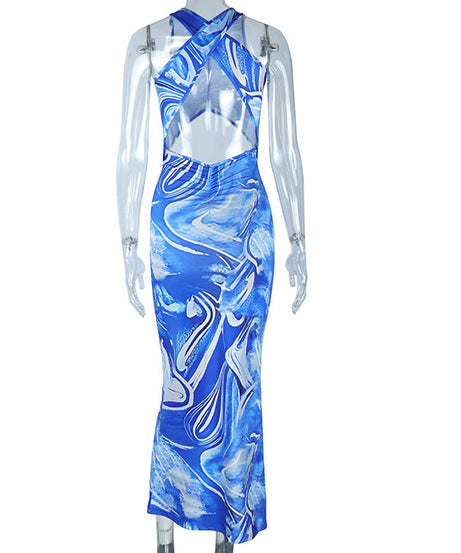 Trendy Blue Marble Print Cutout Maxi Dress | Ruched Bodycon for Winter Vacations & Holiday Parties