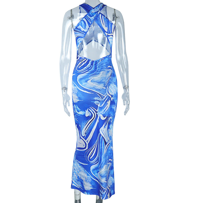 Trendy Blue Marble Print Cutout Maxi Dress | Ruched Bodycon for Winter Vacations & Holiday Parties