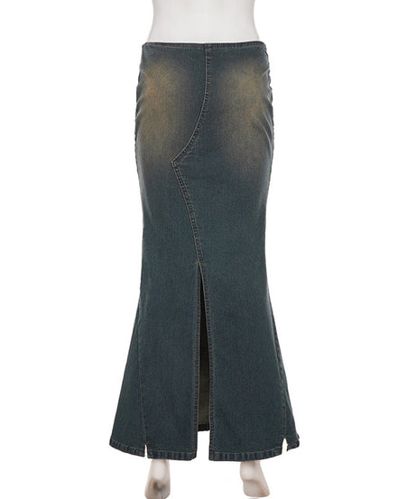 Boho Floral Embroidered Denim-Look Maxi Skirt - Chic High-Waist & Stretchy for Fall & Holiday Style