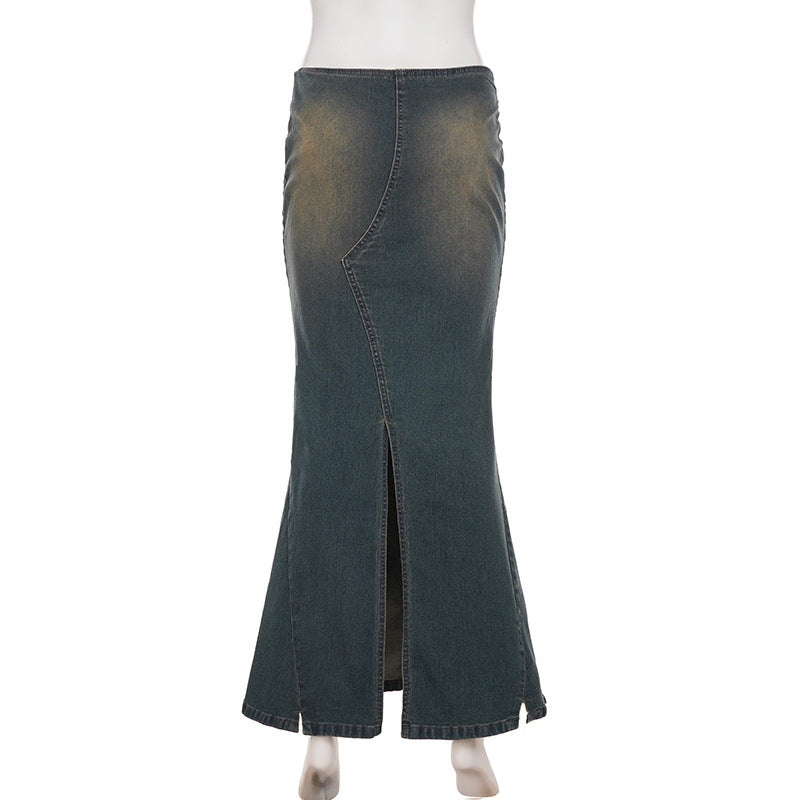 Boho Floral Embroidered Denim-Look Maxi Skirt - Chic High-Waist & Stretchy for Fall & Holiday Style