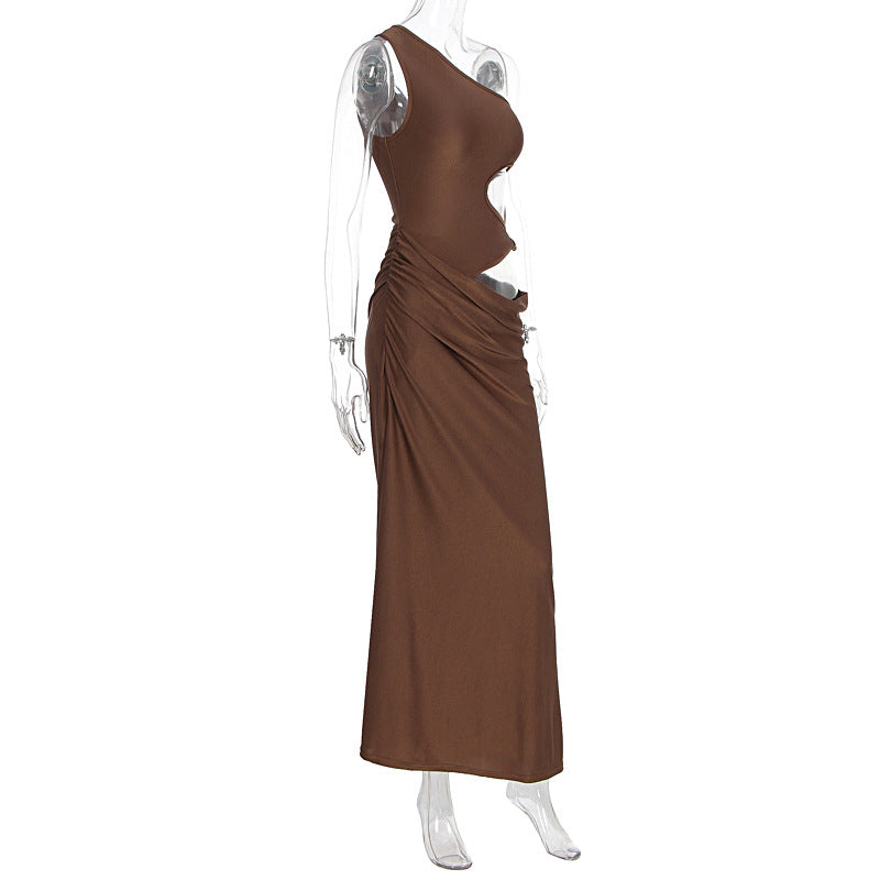 Glamorous Cocoa One-Shoulder Cutout Maxi Dress - Holiday Party & Date Night Essential