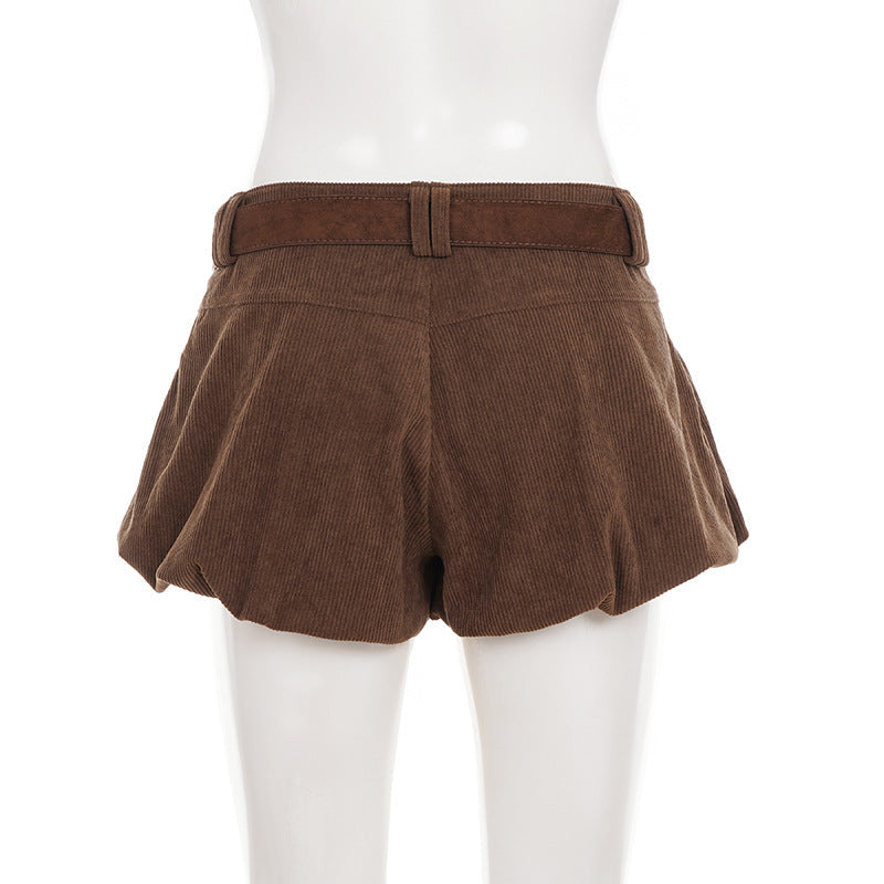 Cozy Chic Corduroy Bubble Shorts with Belt - High-Waisted Fall & Winter Essential