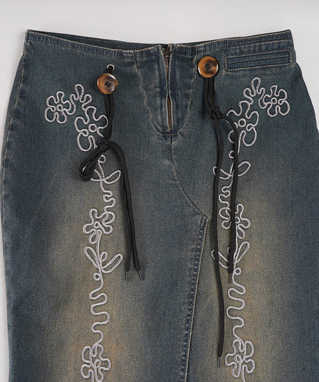 Boho Floral Embroidered Denim-Look Maxi Skirt - Chic High-Waist & Stretchy for Fall & Holiday Style