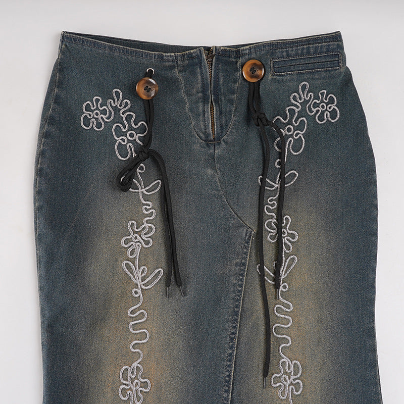 Boho Floral Embroidered Denim-Look Maxi Skirt - Chic High-Waist & Stretchy for Fall & Holiday Style