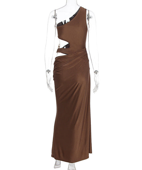 Glamorous Cocoa One-Shoulder Cutout Maxi Dress - Holiday Party & Date Night Essential