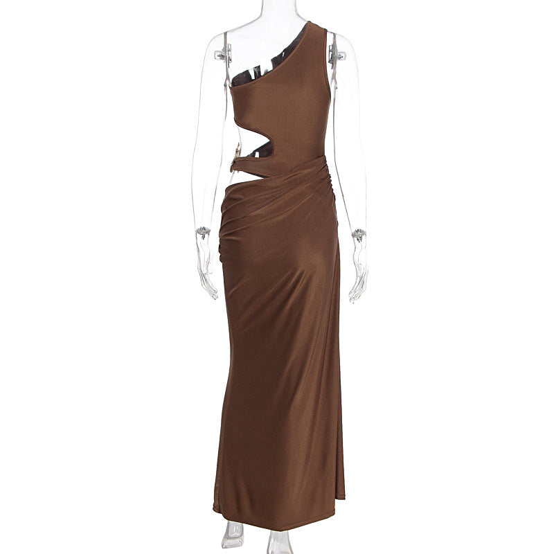 Glamorous Cocoa One-Shoulder Cutout Maxi Dress - Holiday Party & Date Night Essential