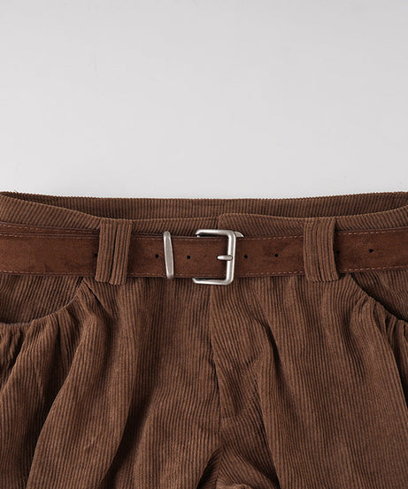 Cozy Chic Corduroy Bubble Shorts with Belt - High-Waisted Fall & Winter Essential