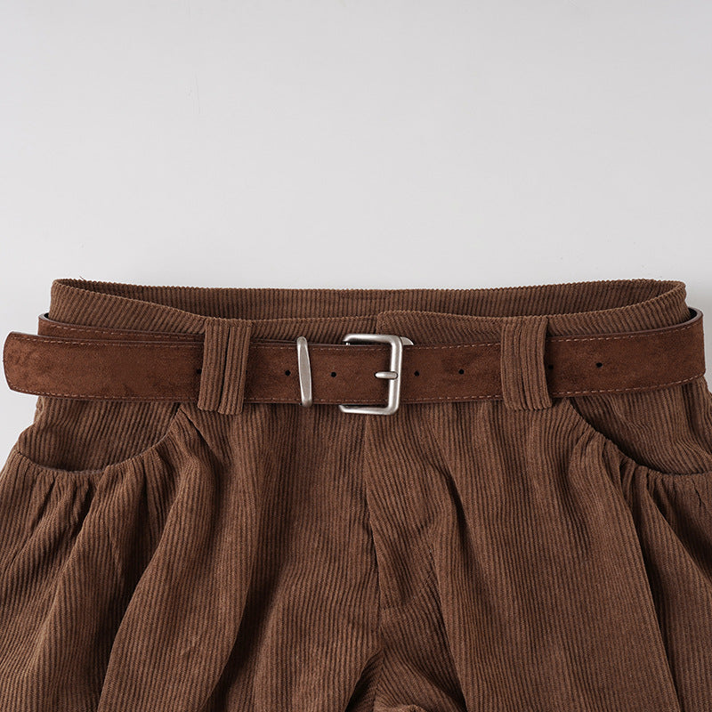 Cozy Chic Corduroy Bubble Shorts with Belt - High-Waisted Fall & Winter Essential
