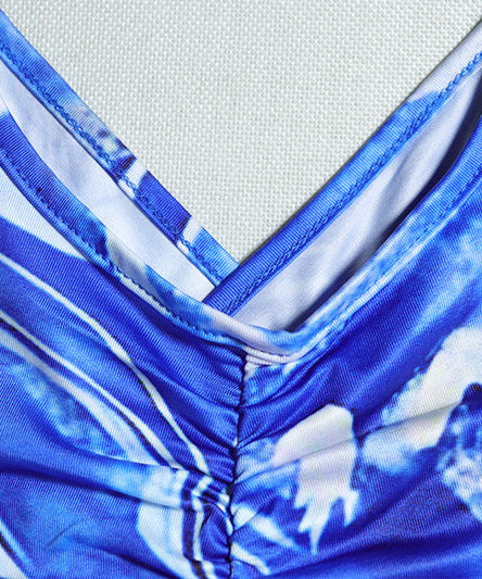 Trendy Blue Marble Print Cutout Maxi Dress | Ruched Bodycon for Winter Vacations & Holiday Parties