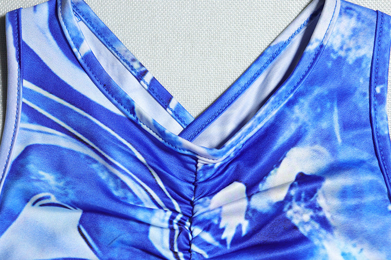 Trendy Blue Marble Print Cutout Maxi Dress | Ruched Bodycon for Winter Vacations & Holiday Parties