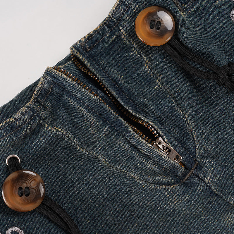 Boho Floral Embroidered Denim-Look Maxi Skirt - Chic High-Waist & Stretchy for Fall & Holiday Style