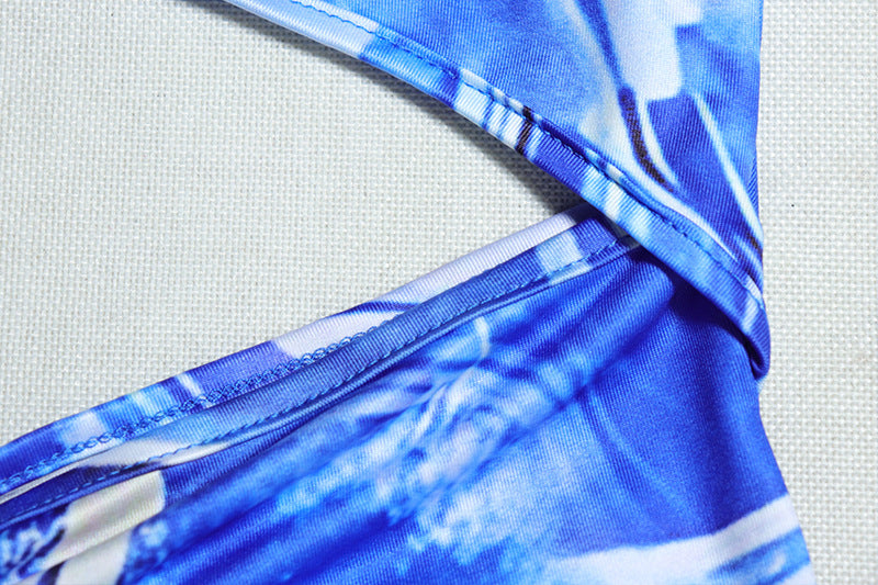 Trendy Blue Marble Print Cutout Maxi Dress | Ruched Bodycon for Winter Vacations & Holiday Parties