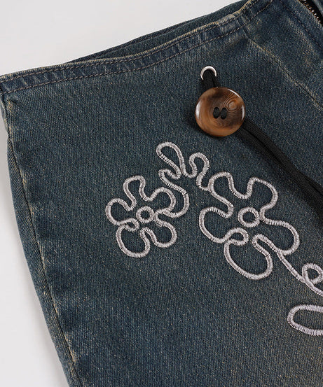 Boho Floral Embroidered Denim-Look Maxi Skirt - Chic High-Waist & Stretchy for Fall & Holiday Style